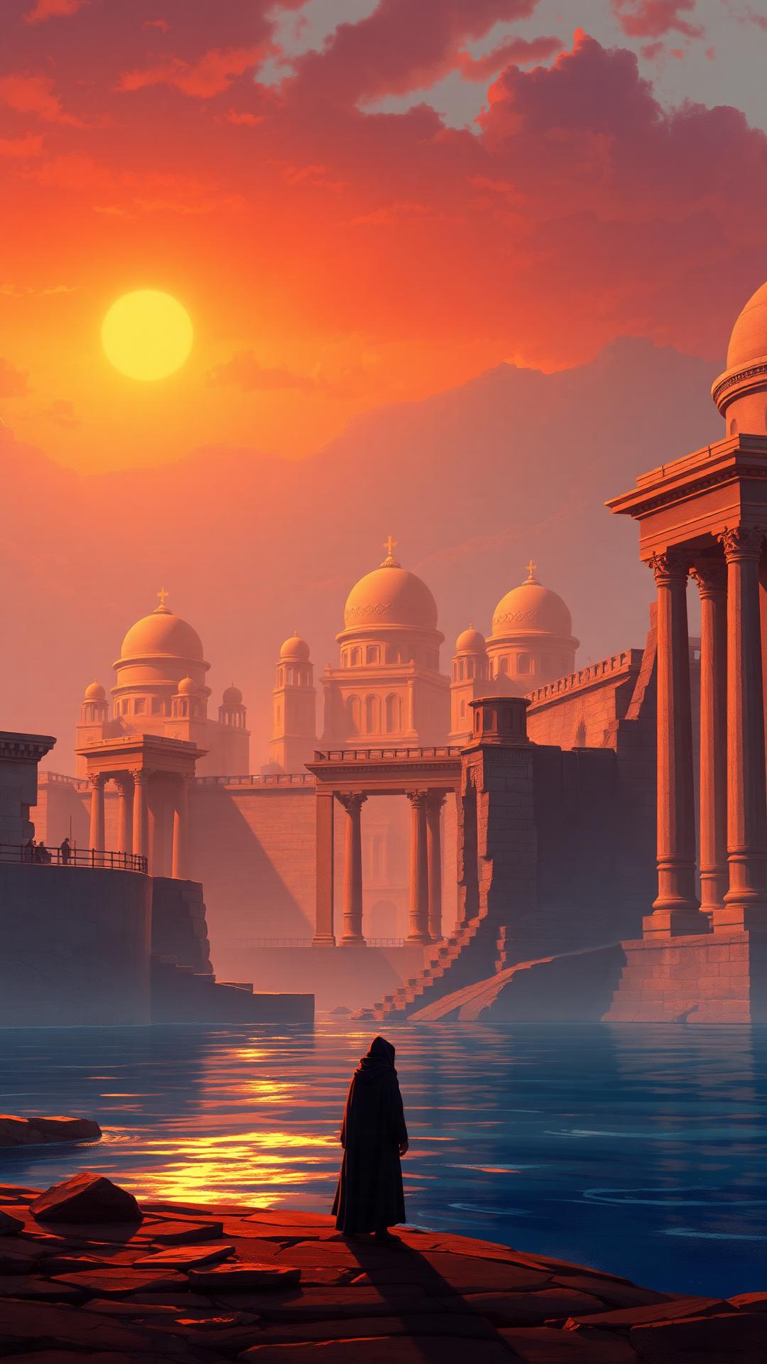 Fictional ancient coastal capital at sunset with a lone observer in the foreground.